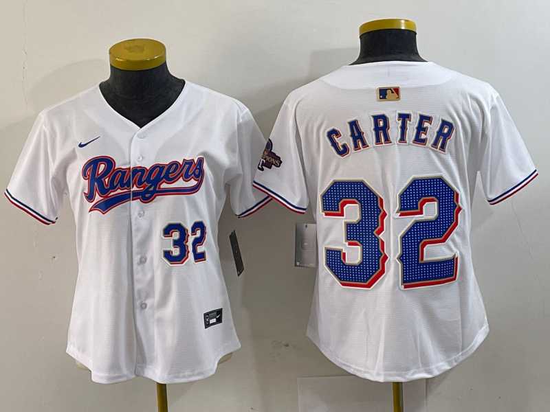 Women%27s Texas Rangers #32 Evan Carter Number White 2024 Gold Collection Limited Cool Base Jersey
